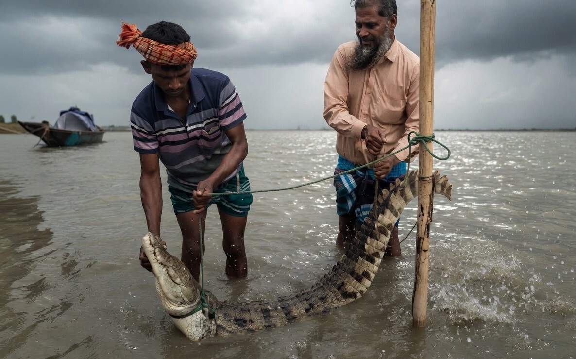 ফরিদপুরের পদ্মায় জেলের বড়শিতে বিলুপ্তপ্রায় কুমির
